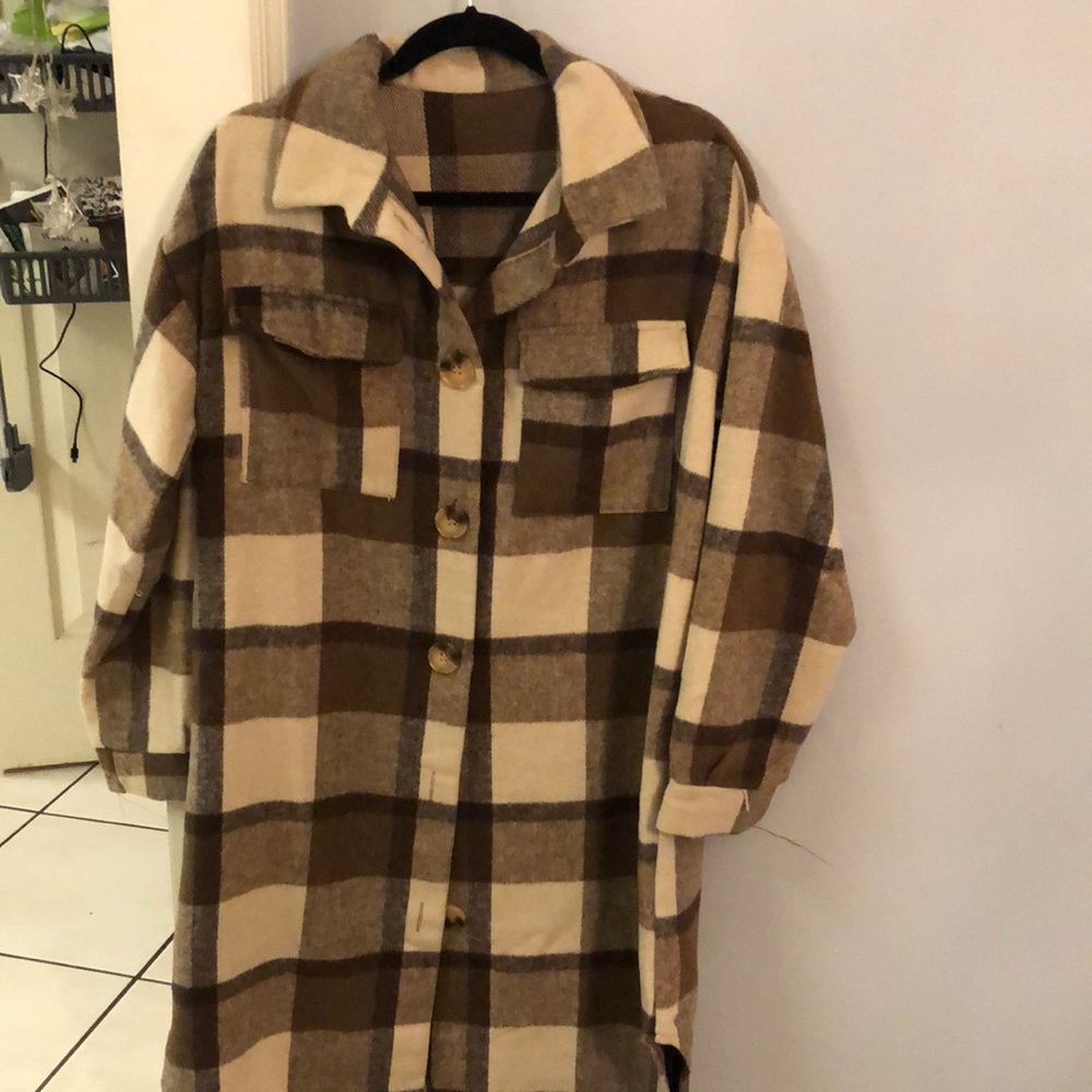 Flannel plaid cream and brown coat, 21.5” pit to pit. 42” shoulder to hem